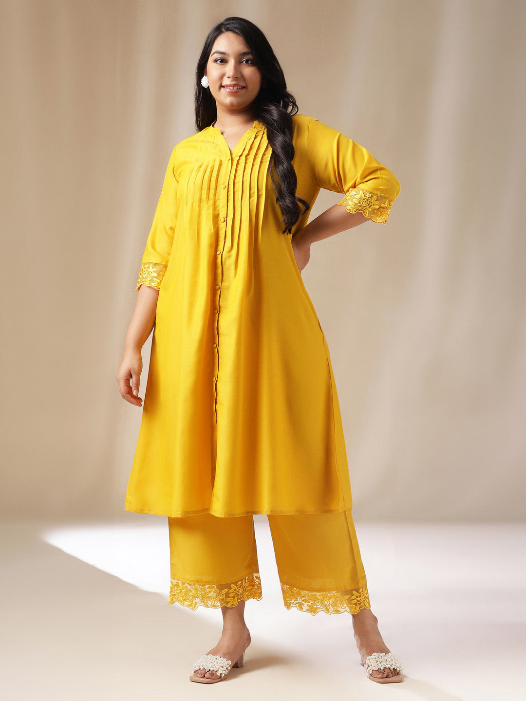 Janasya Pleated Muslin Yellow Solid Band Collar Kurta Set