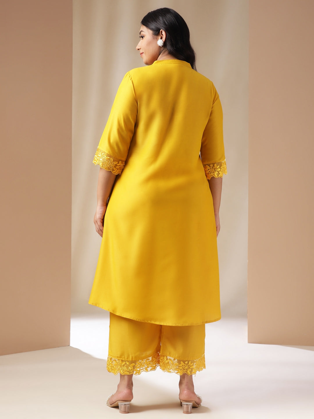 Janasya Pleated Muslin Yellow Solid Band Collar Kurta Set
