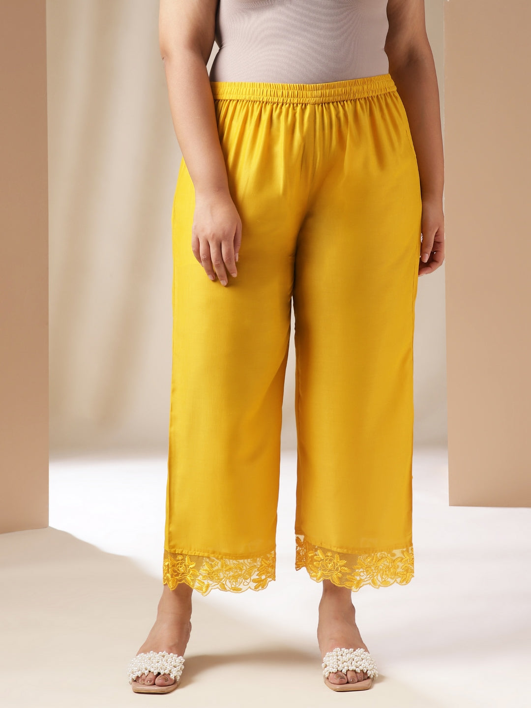 Janasya Pleated Muslin Yellow Solid Band Collar Kurta Set