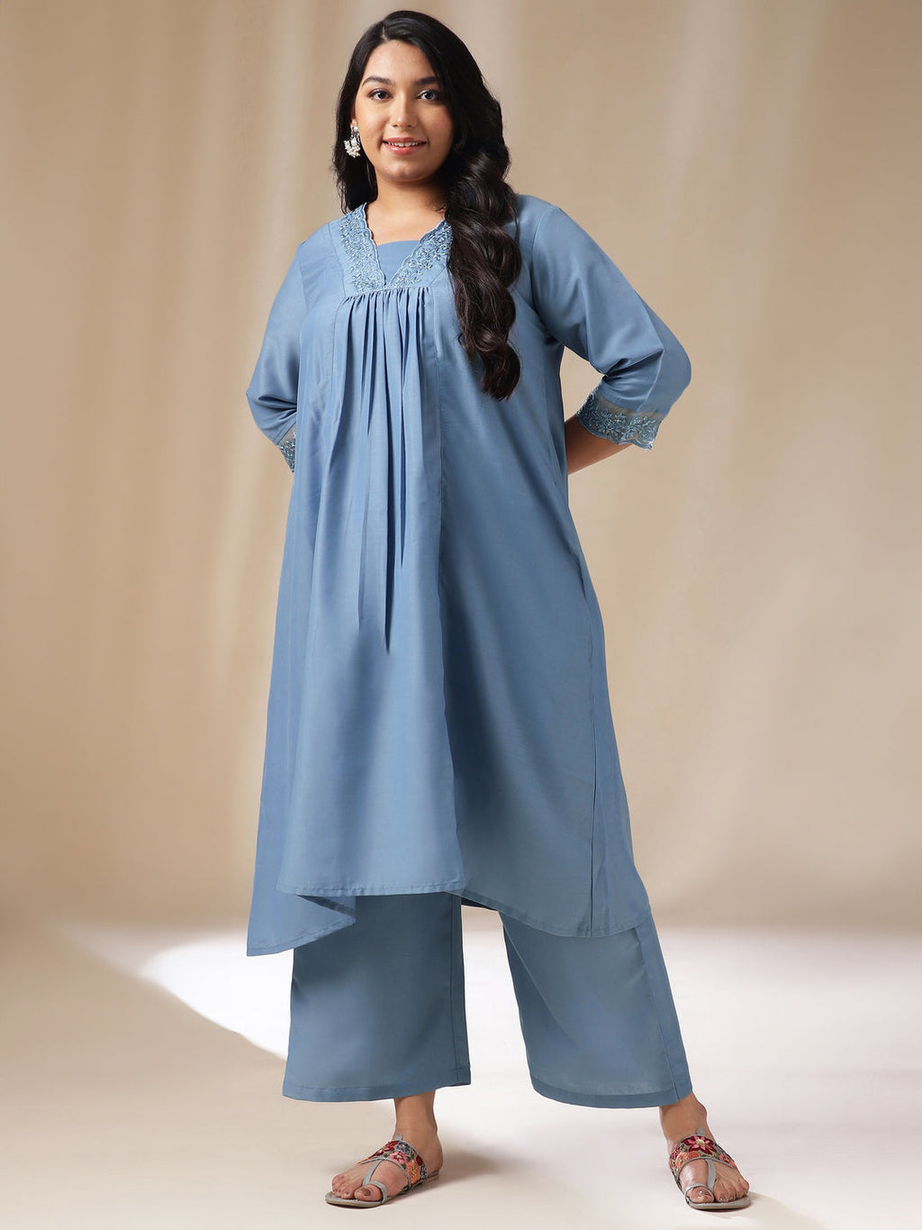 Janasya Gathering Muslin Blue Solid V-Neck Set