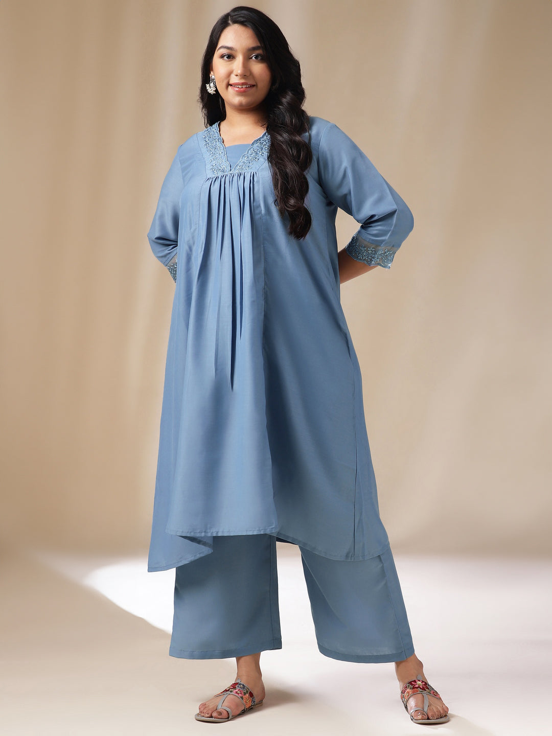 Janasya Gathering Muslin Blue Solid V-Neck Set