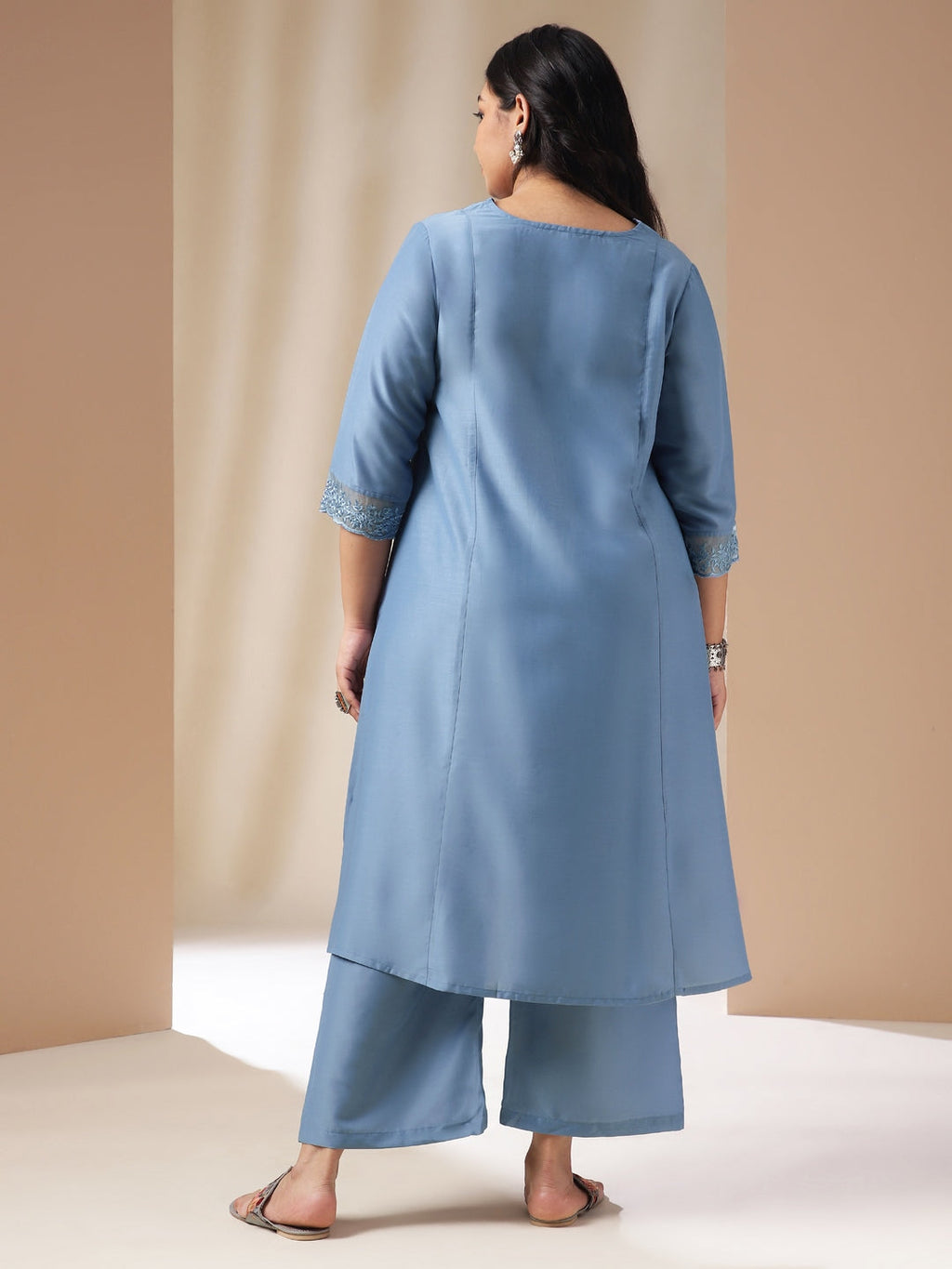 Janasya Gathering Muslin Blue Solid V-Neck Set