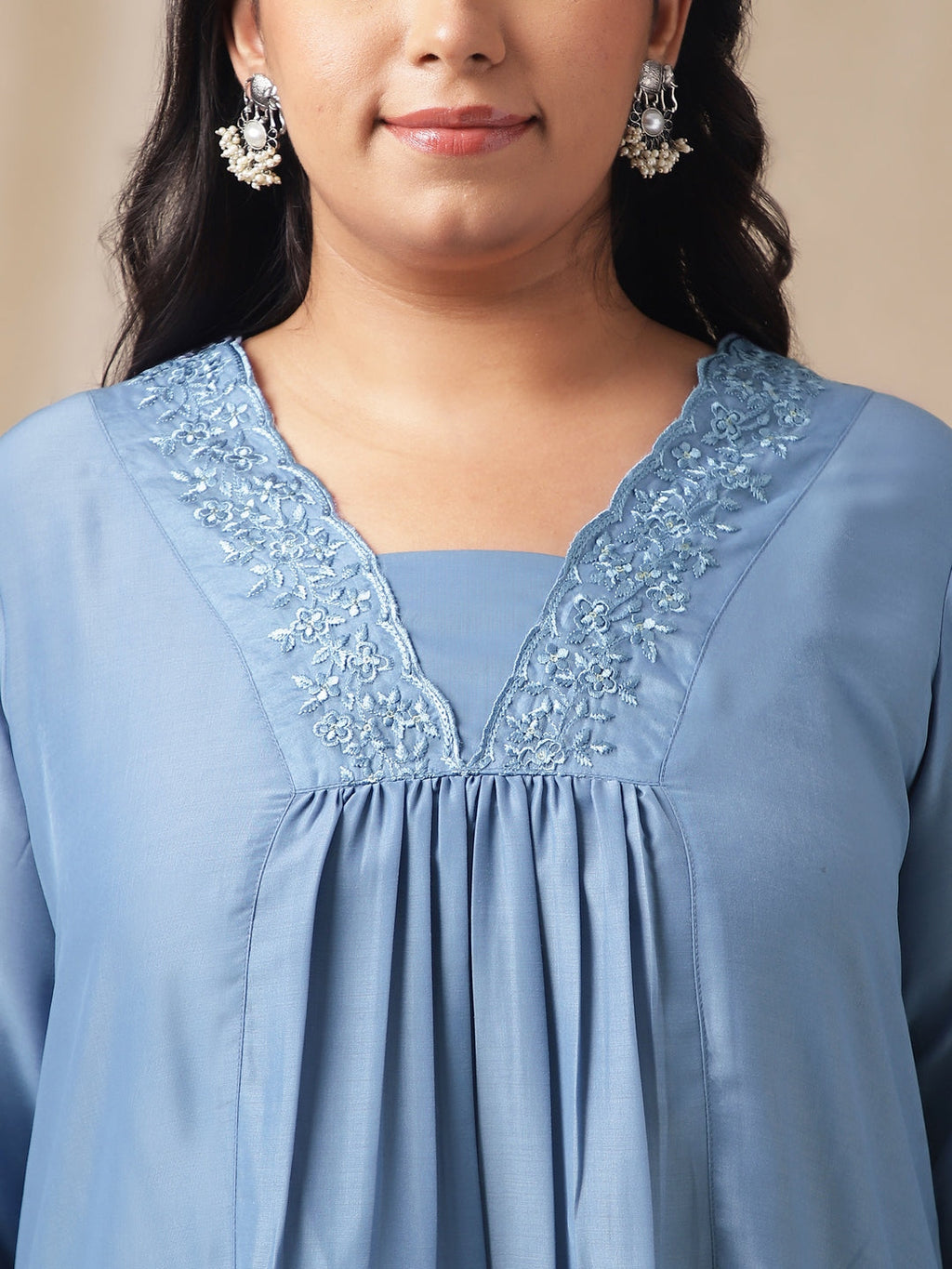 Janasya Gathering Muslin Blue Solid V-Neck Set