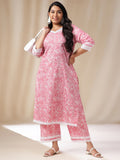 Janasya Straight Cambric Pink Floral V-Neck Set