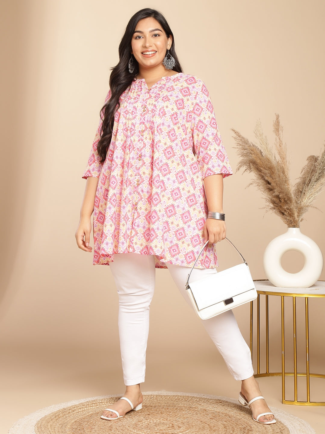 Janasya Pleated Cambric Pink Ikkat Notch Neck Tunic