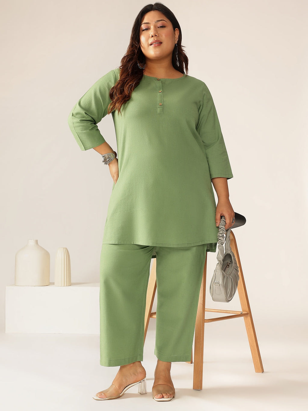 Janasya Dark Cotton Solid A-Line Top & Bottom Set