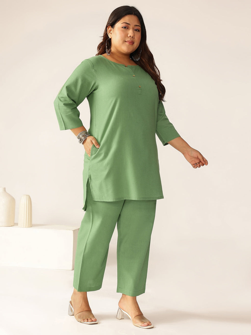 Janasya Dark Cotton Solid A-Line Top & Bottom Set