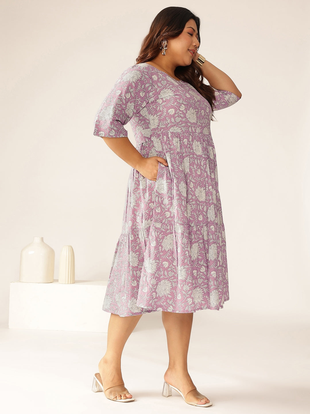 Janasya Light Cotton Floral Tiered Dress