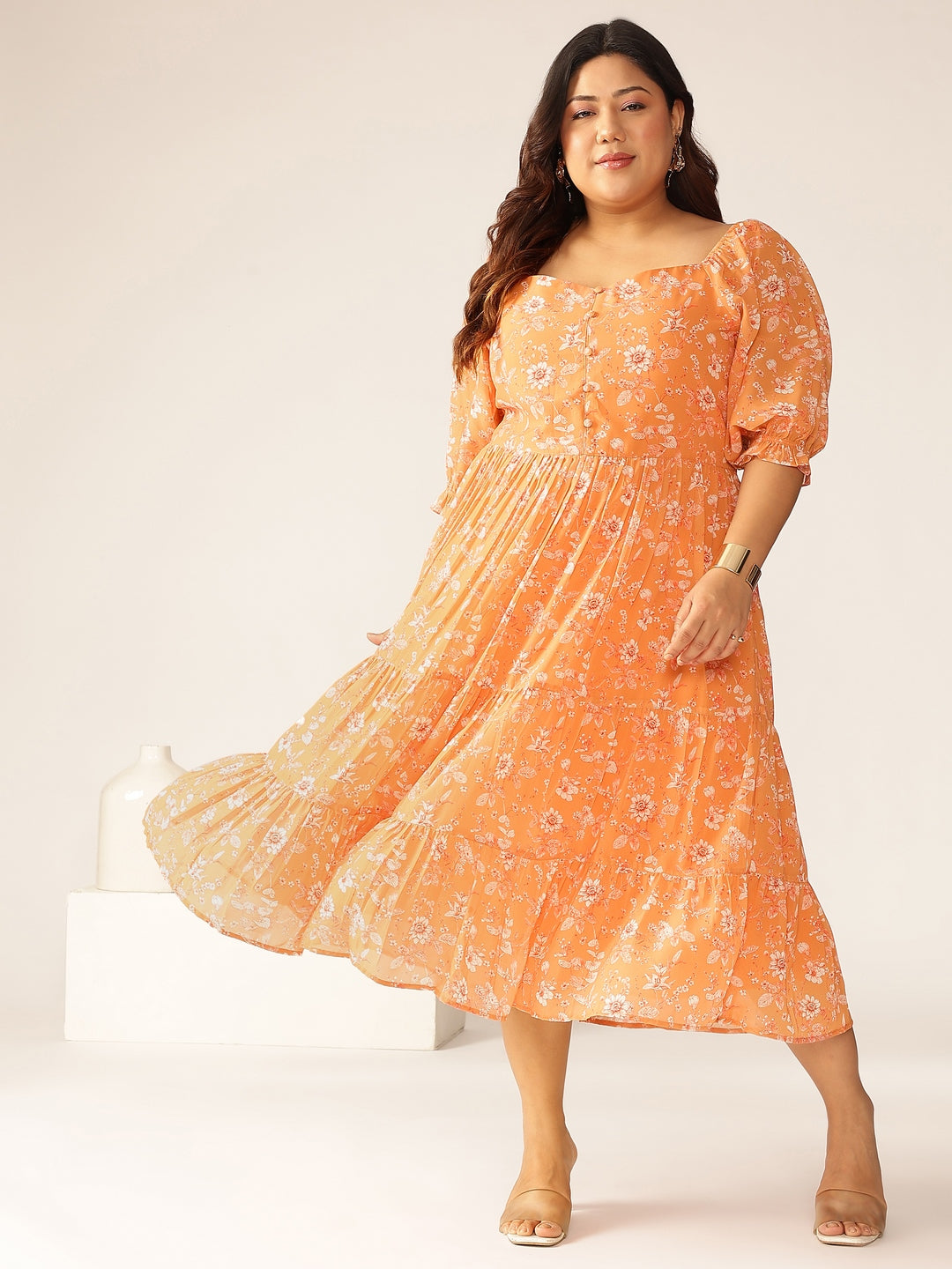 Janasya Bright Georgette Floral Tiered Dress