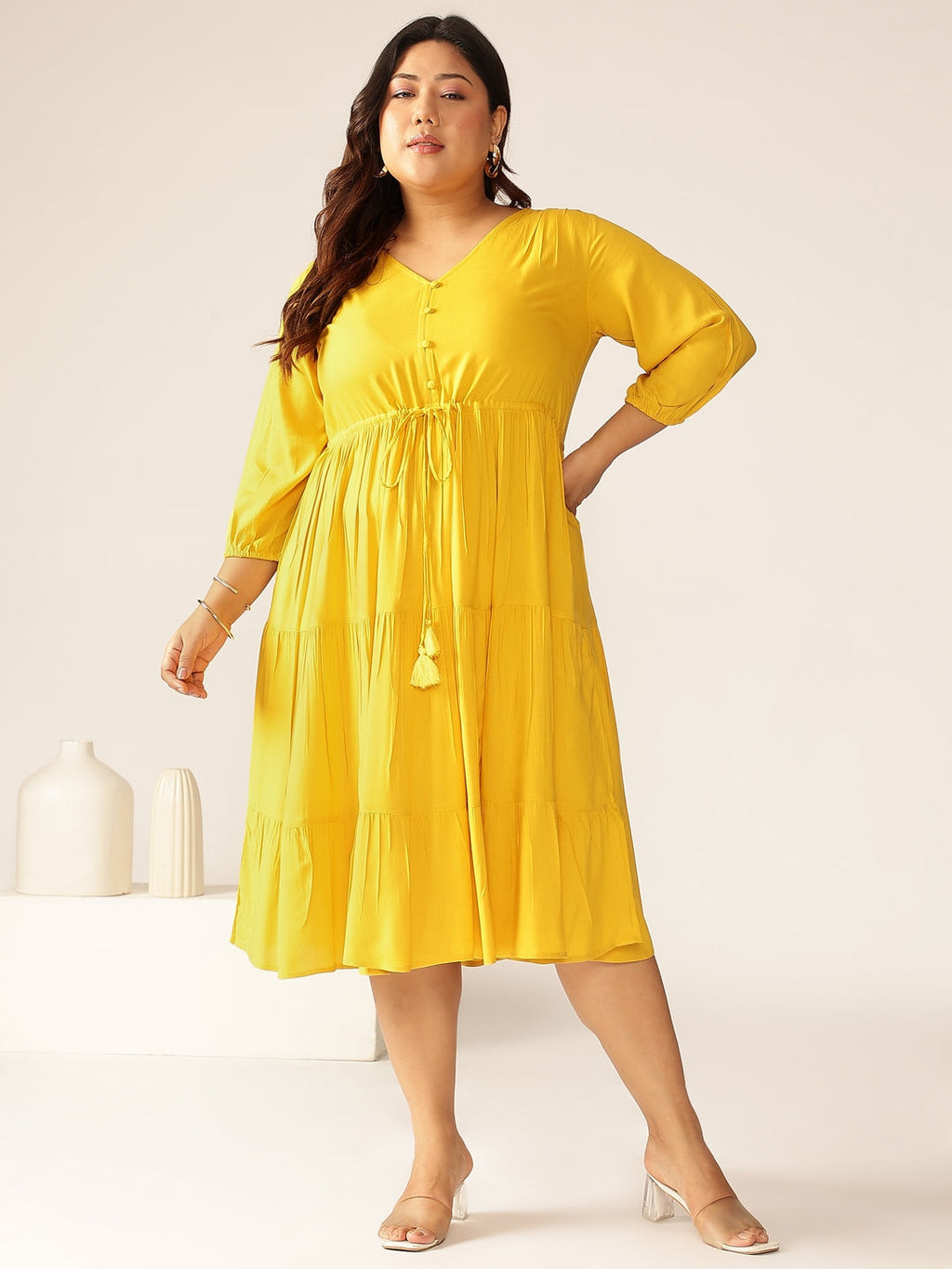 Janasya Dark Rayon Solid Tiered Dress