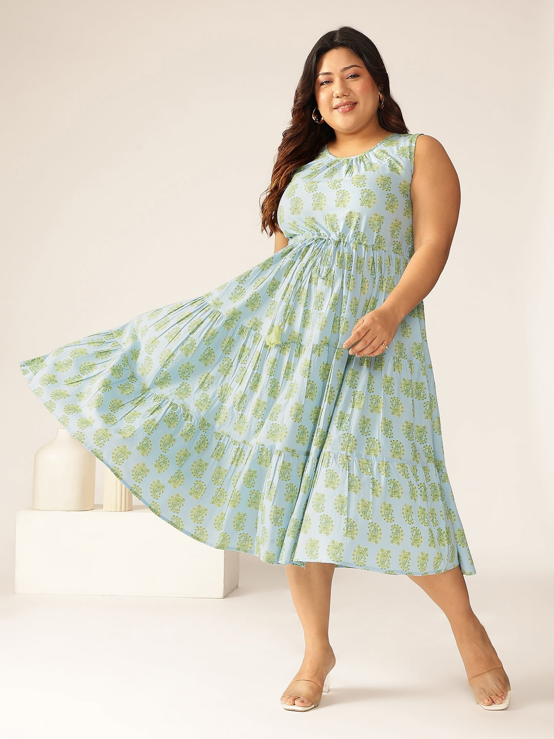 Janasya Light Cotton Ethnic Motifs Tiered Dress