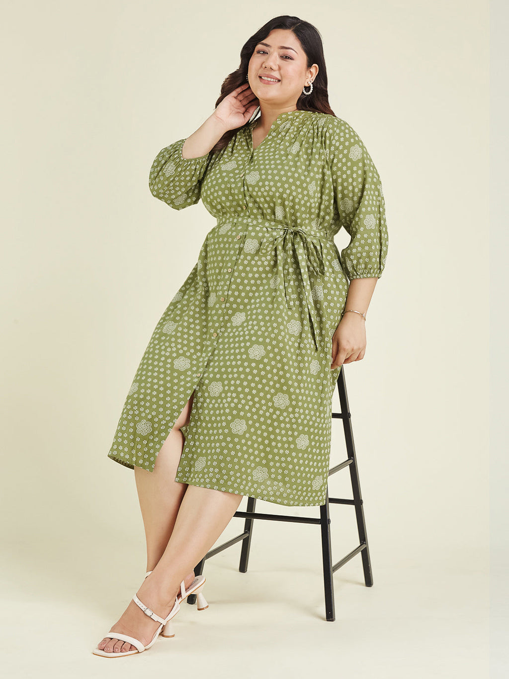 Janasya Dark Cotton Floral A-Line Dress