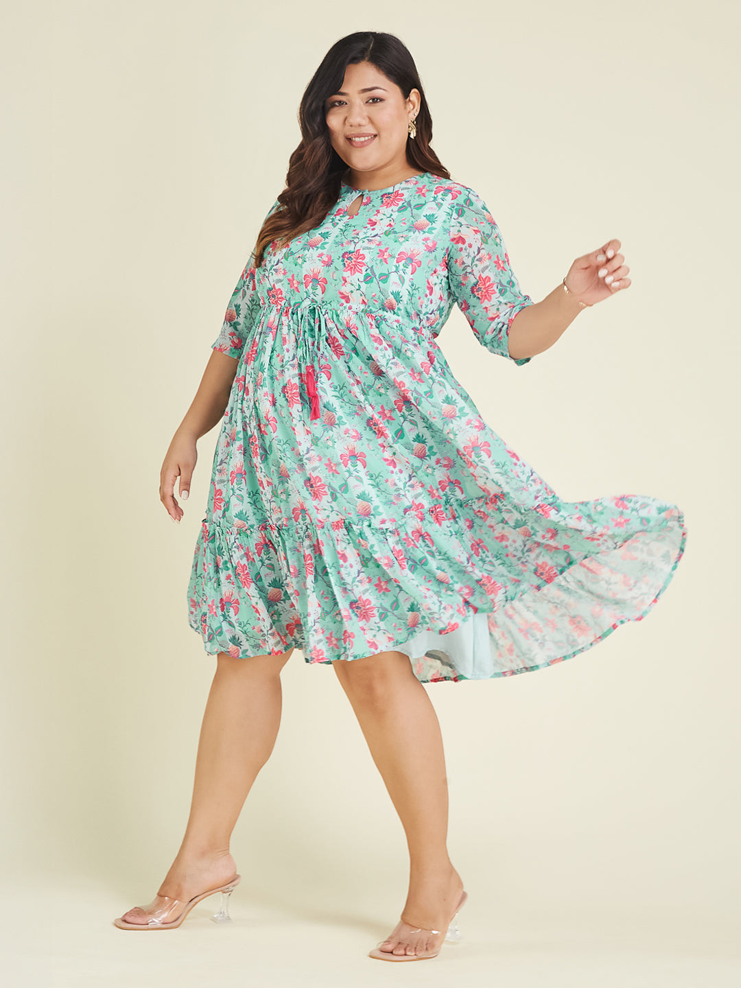 Janasya Light Georgette Floral Fit & Flare Dress