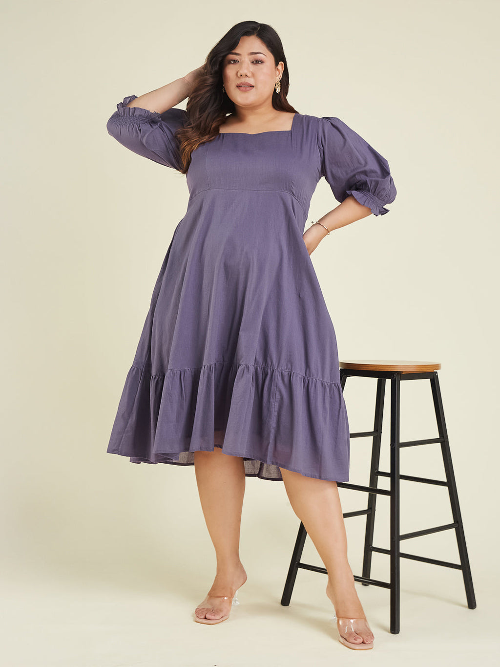 Janasya Light Cotton Solid A-Line Dress