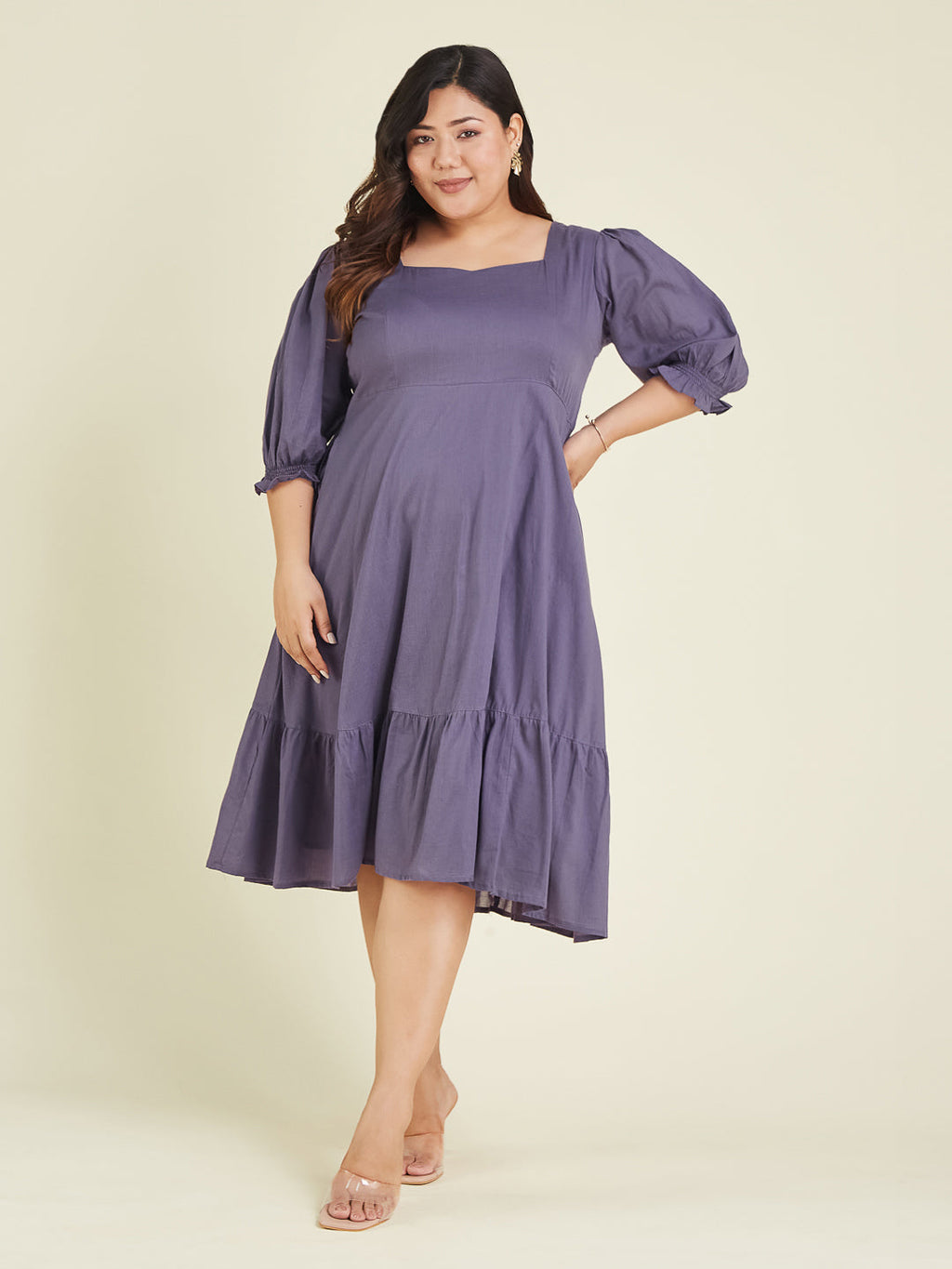 Janasya Light Cotton Solid A-Line Dress