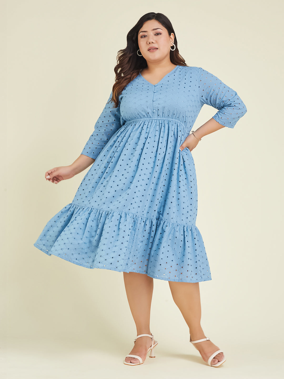 Janasya Light Cotton Schiffli Fit & Flare Dress