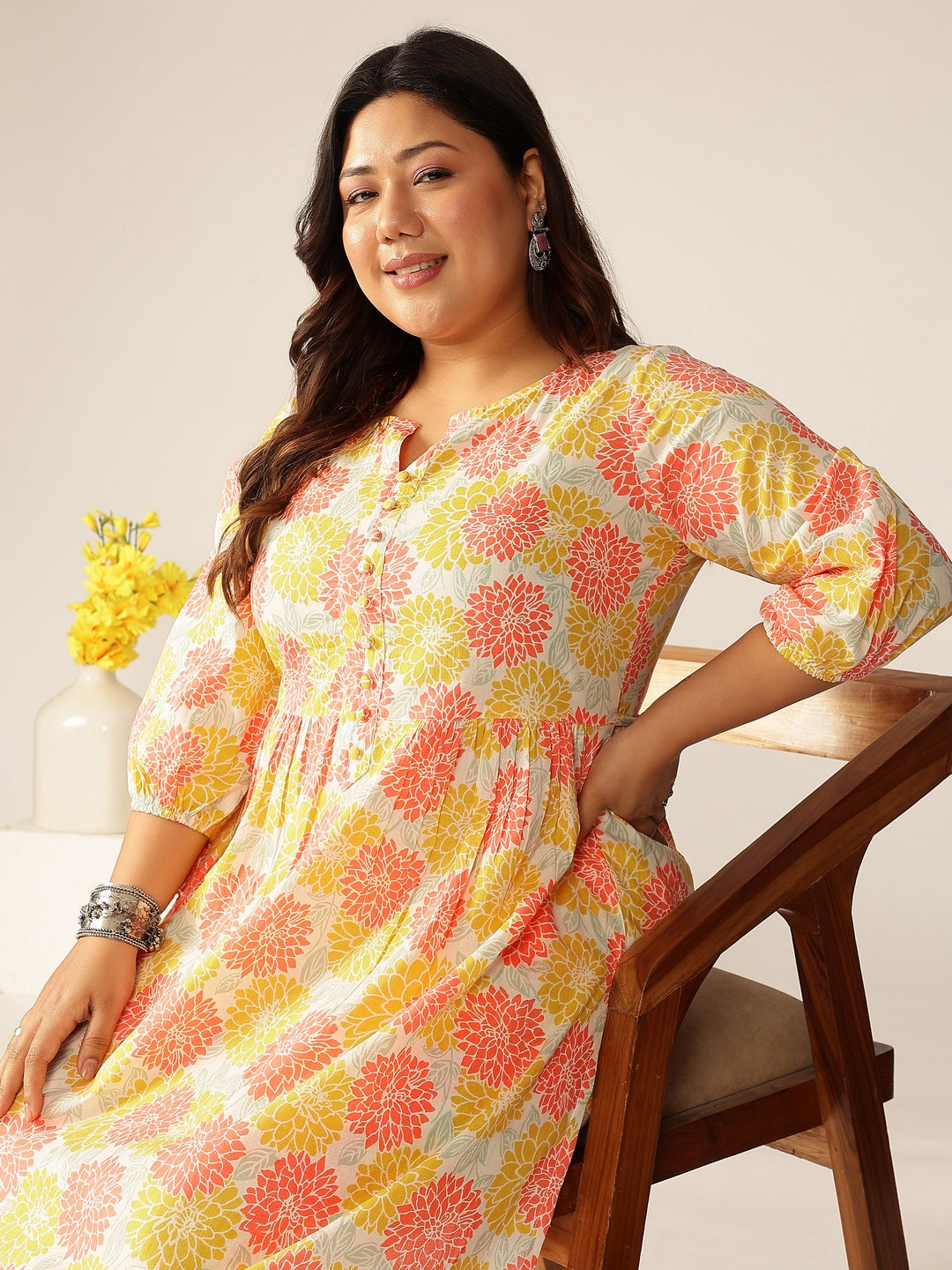 Janasya Light Cotton Floral A-Line Kurta Set