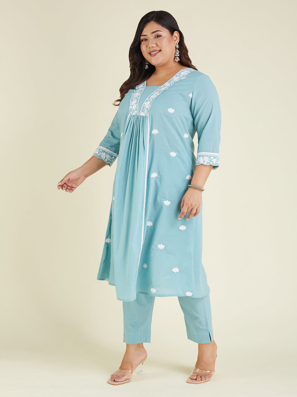 Janasya Light Cotton Embroidered A-Line Kurta Set