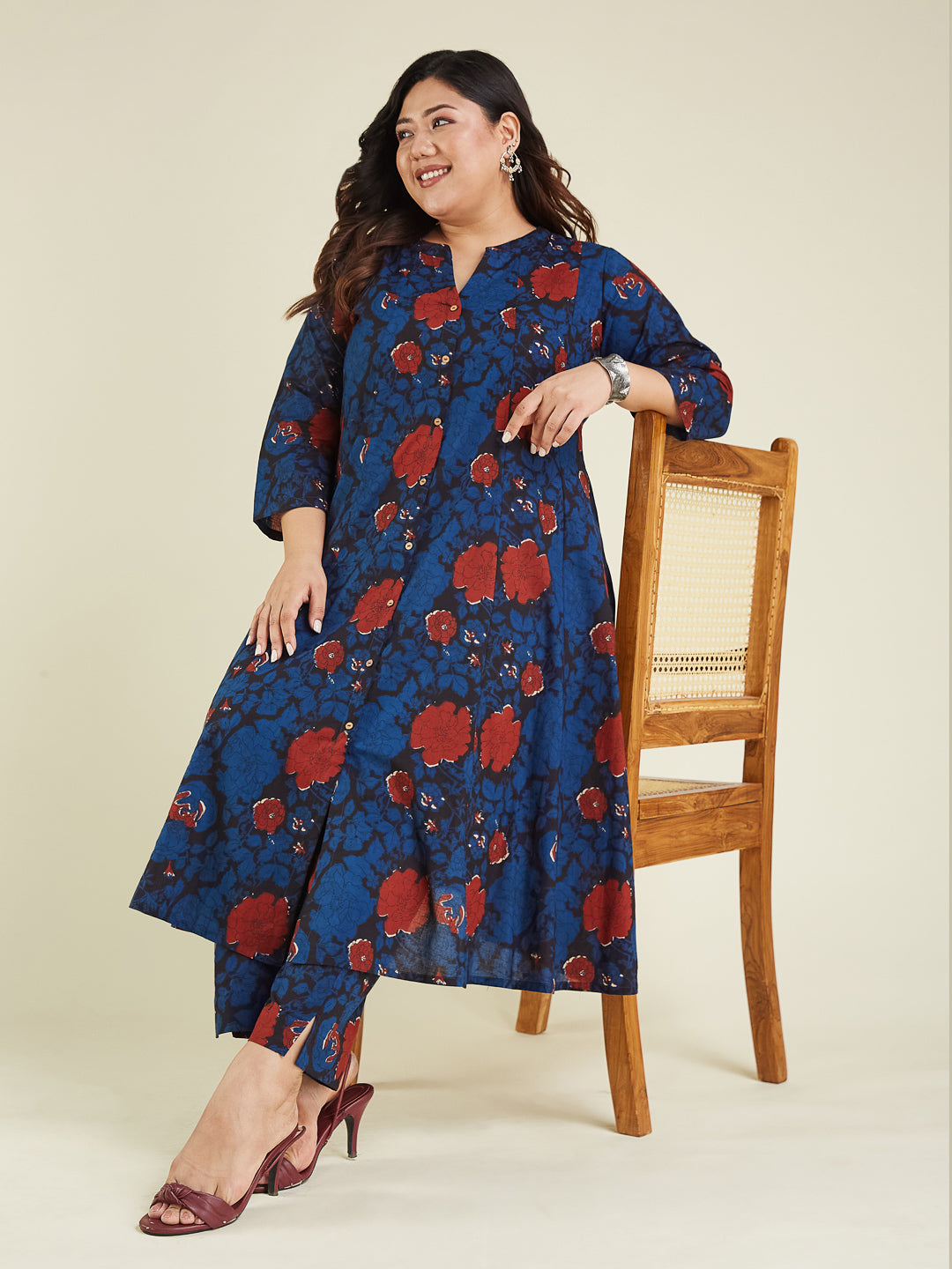 Janasya Dark Cotton Floral A-Line Kurta Set