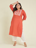 Janasya Dark Cotton Embroidered Straight Kurta