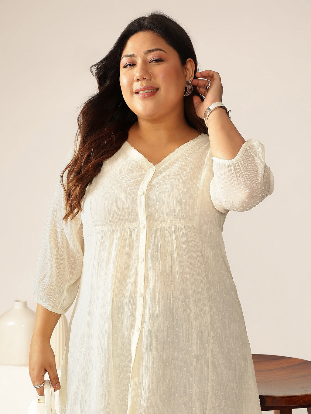 Janasya Light Dobby Chiffon Self Design A-Line Tunic
