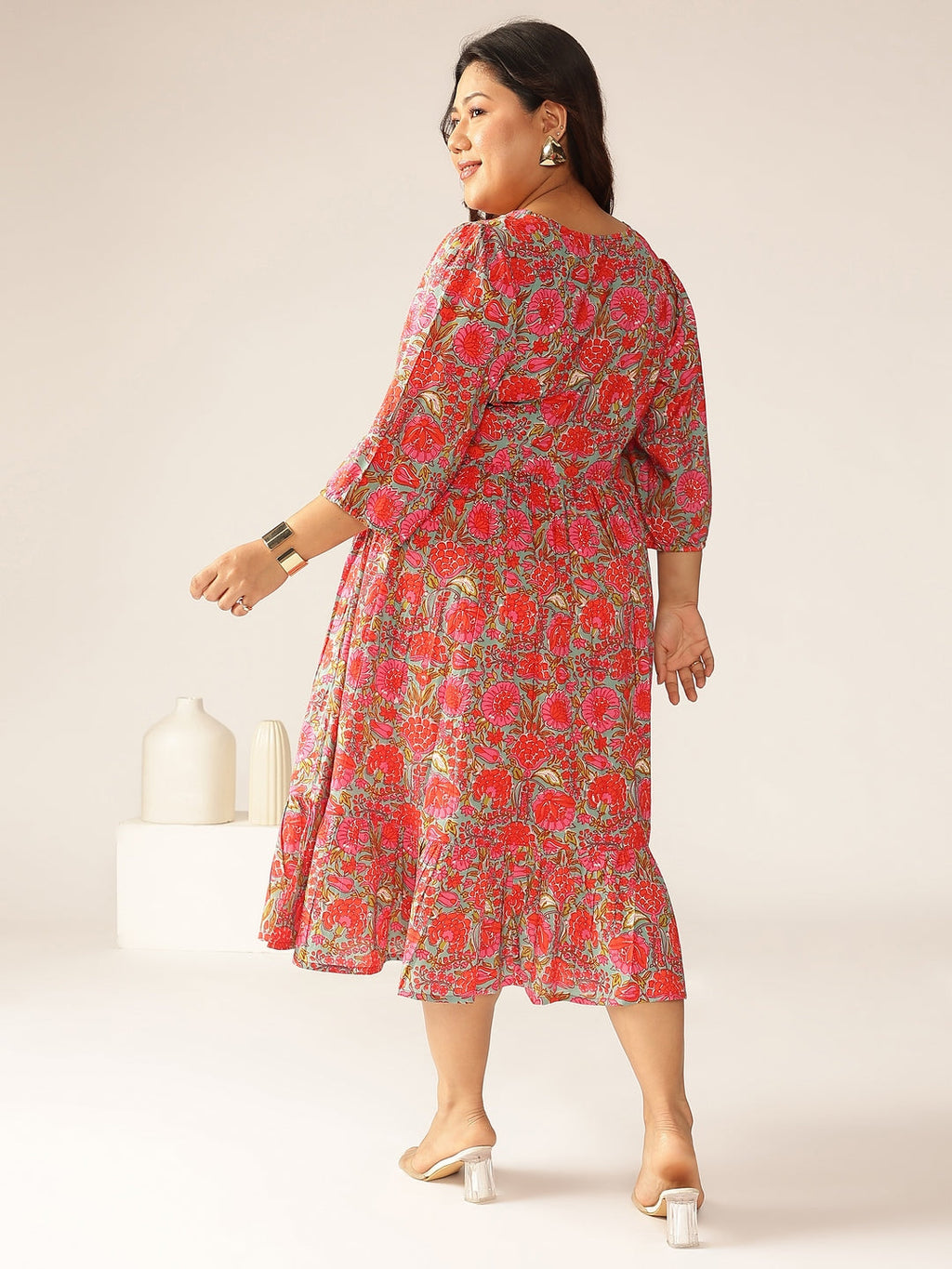 Janasya Bright Cotton Floral Flared Dress