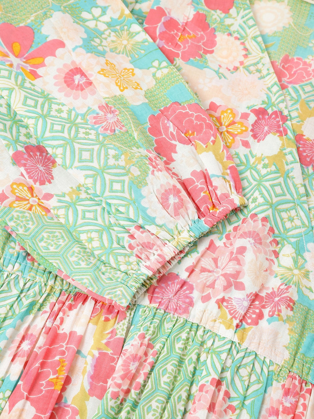 Janasya Bright Cotton Floral A-Line Dress