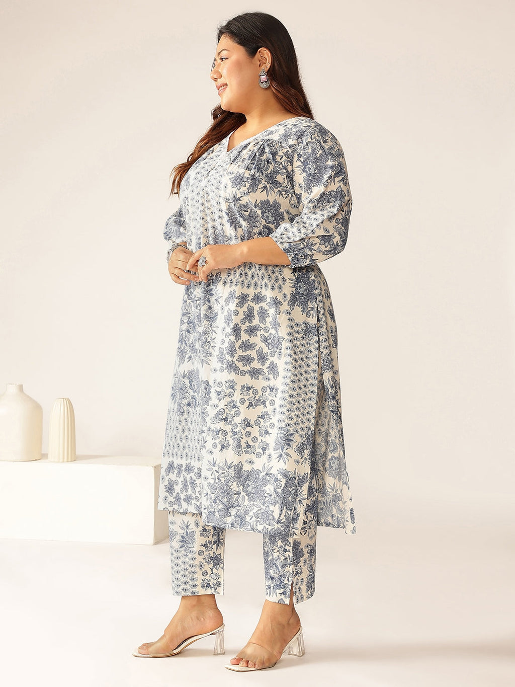 Janasya Light Cotton Floral A-Line Kurta Set