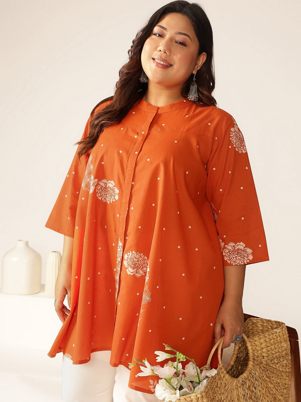 Janasya Dark Cotton Floral A-Line Tunic