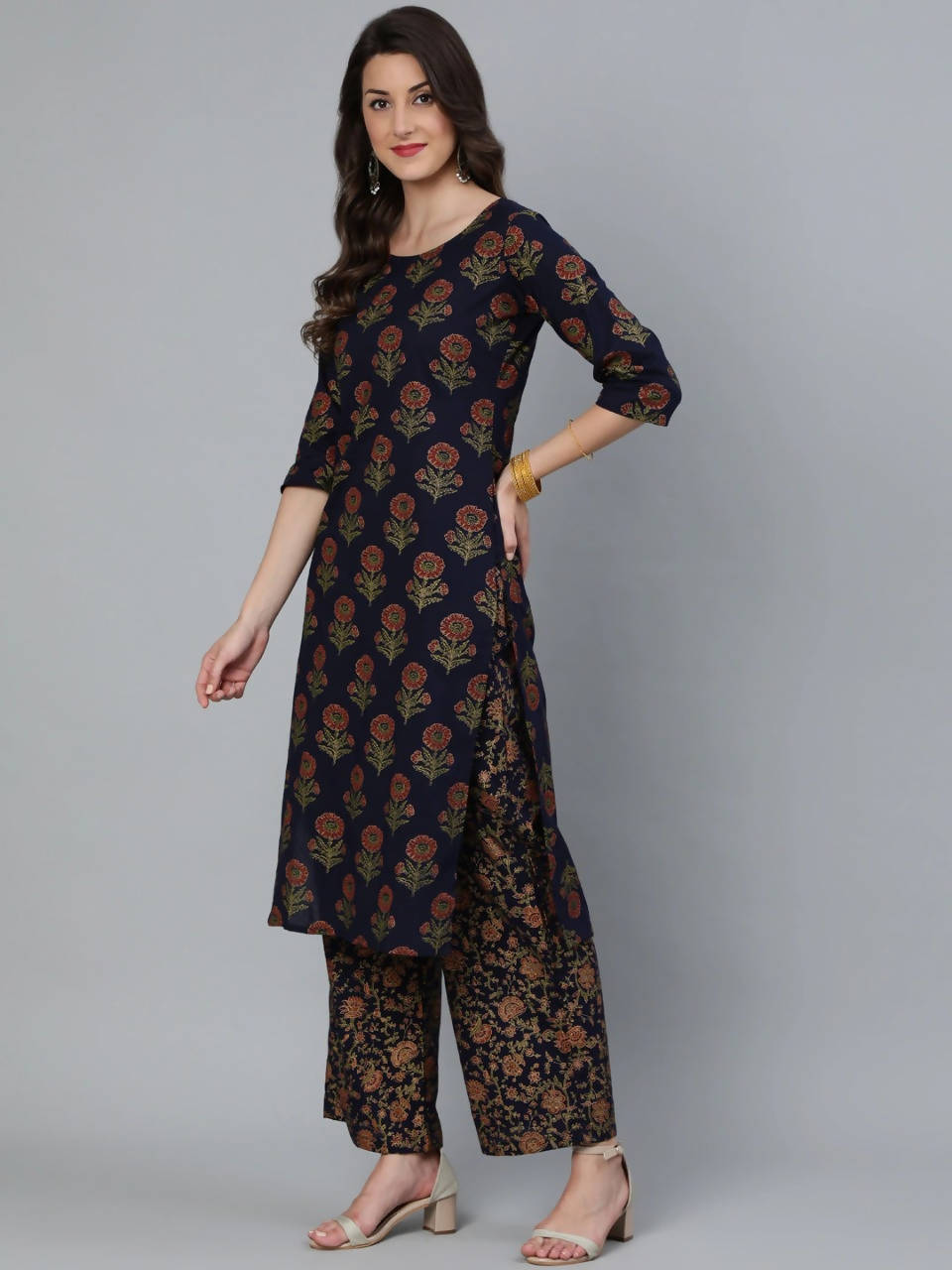Vamika Printed Rayon Navy Blue Party Wear/Casual Wear Kurta Set/Suit