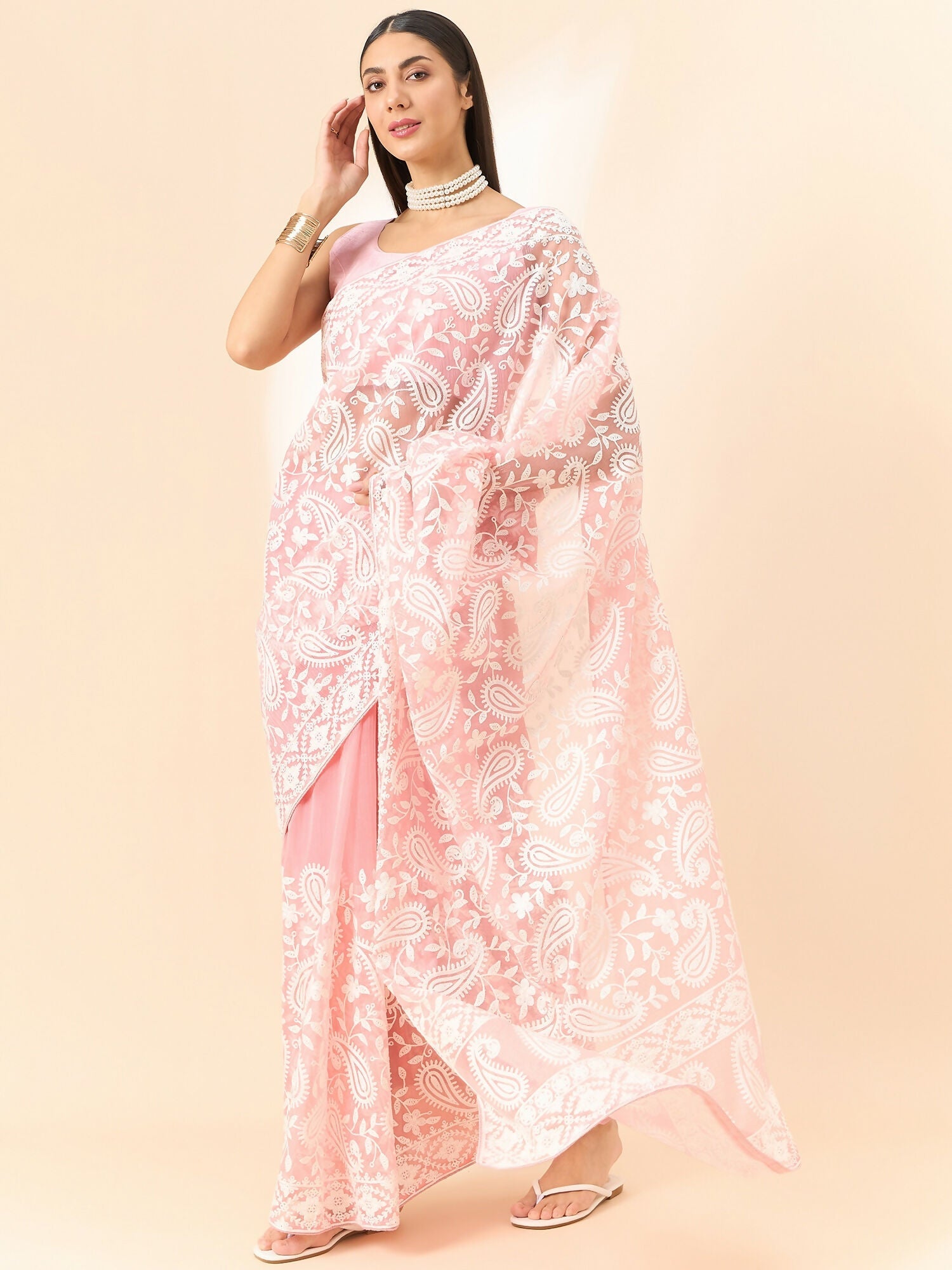 Pink Organza Paisely Embroidered Saree with Unstitched Blouse Piece - Roozal