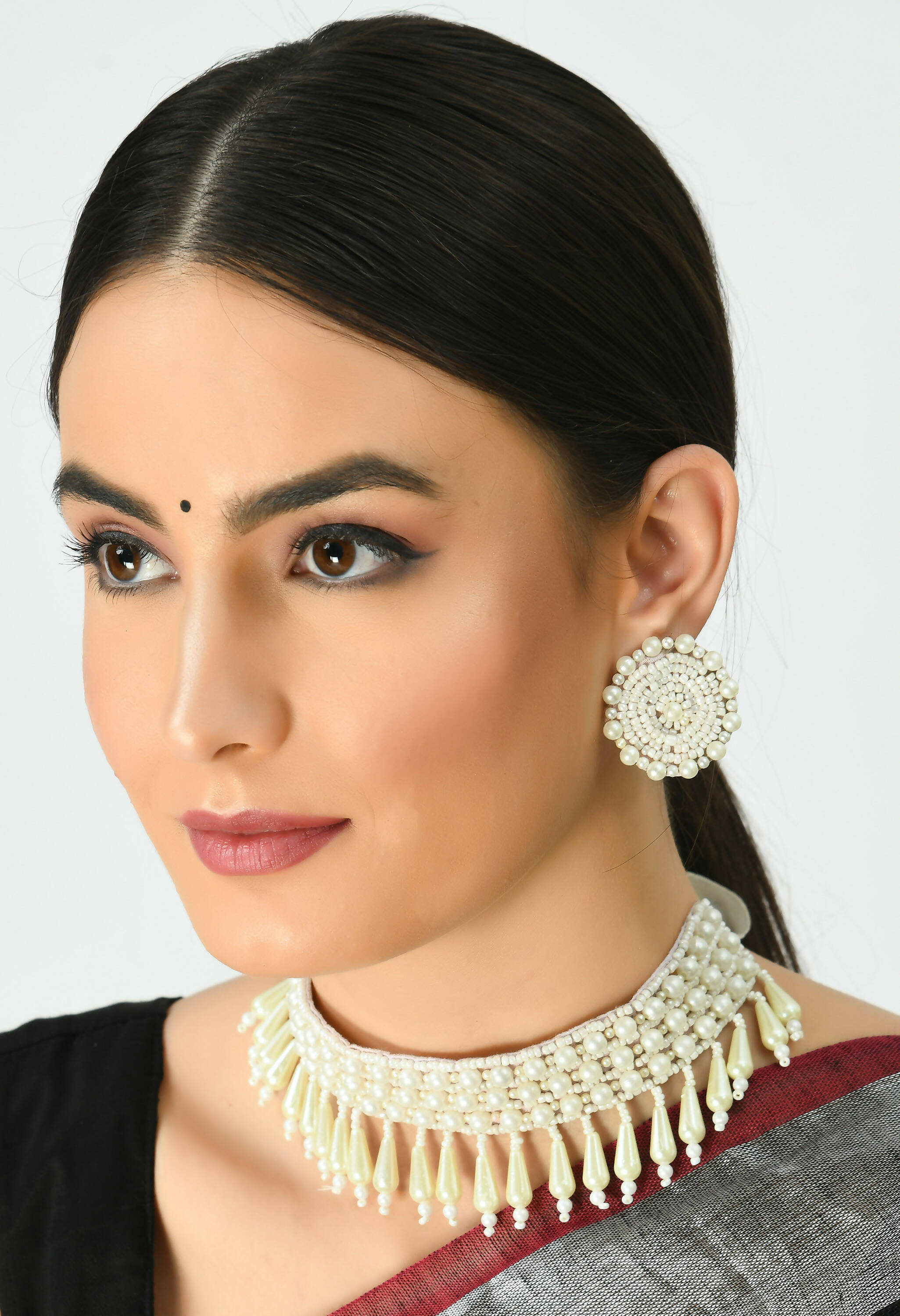 Mominos Fashion Johar Kamal Off White Handicraft Pearls Necklace with Earrings For Women
