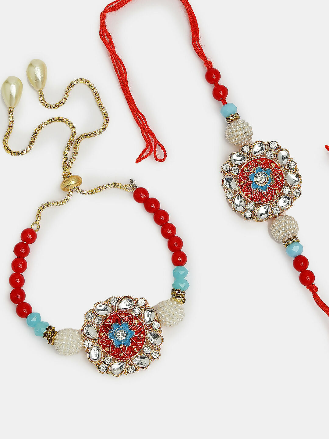 NVR Women & Men Set of 2 Red-colored Stone-Studded & Beaded Bhaiya Bhabhi Rakhi With Roli Chawal & Chocolate
