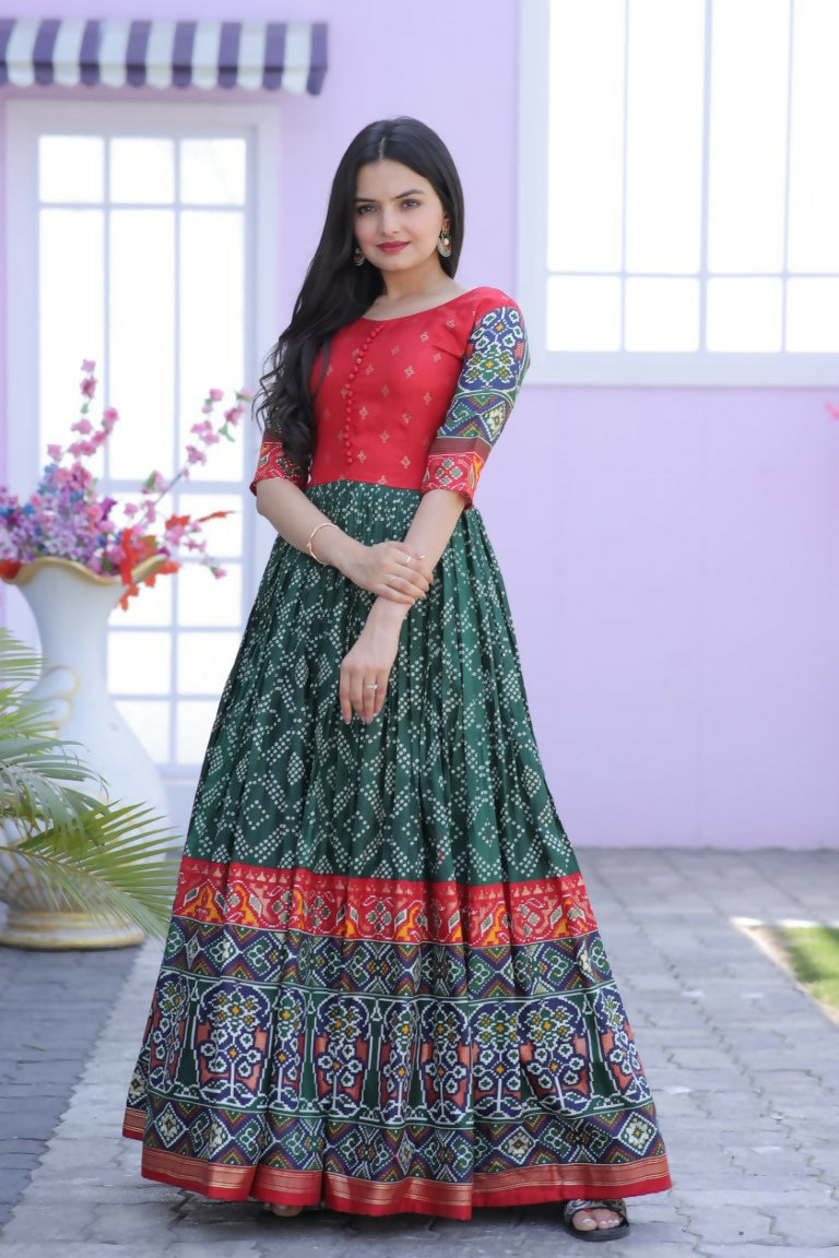 Jyoti Fashion Women's Bottle Green Patola with Foil Print Dola Silk Anarkali Dress