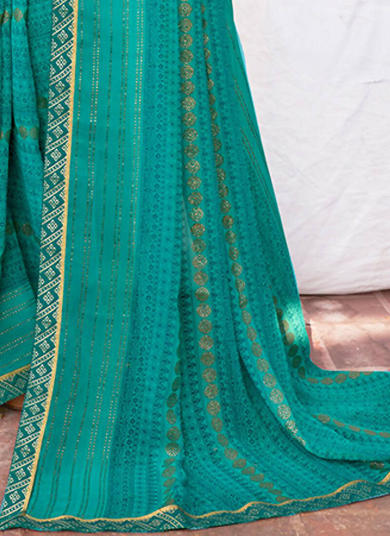 Sea Green Georgette Foil Printed Saree with Unstitched Blouse Piece - Avika
