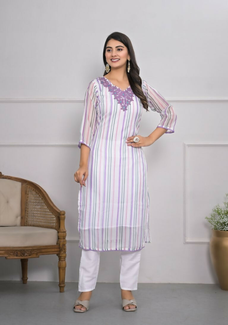 White Viscose Silk Embroidery with Thread and sequence Stitched Suit With Dupatta - Tanisha
