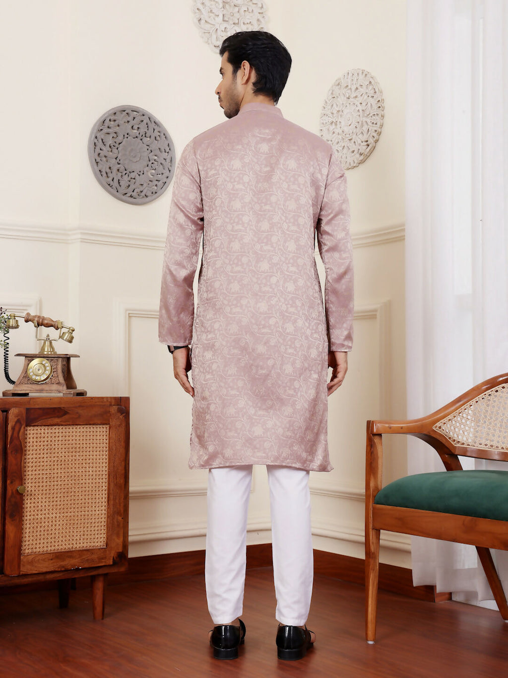 Mauve Modal Silk Wevon Designer Men's Rajwadi Kurta Set - Mahotsav