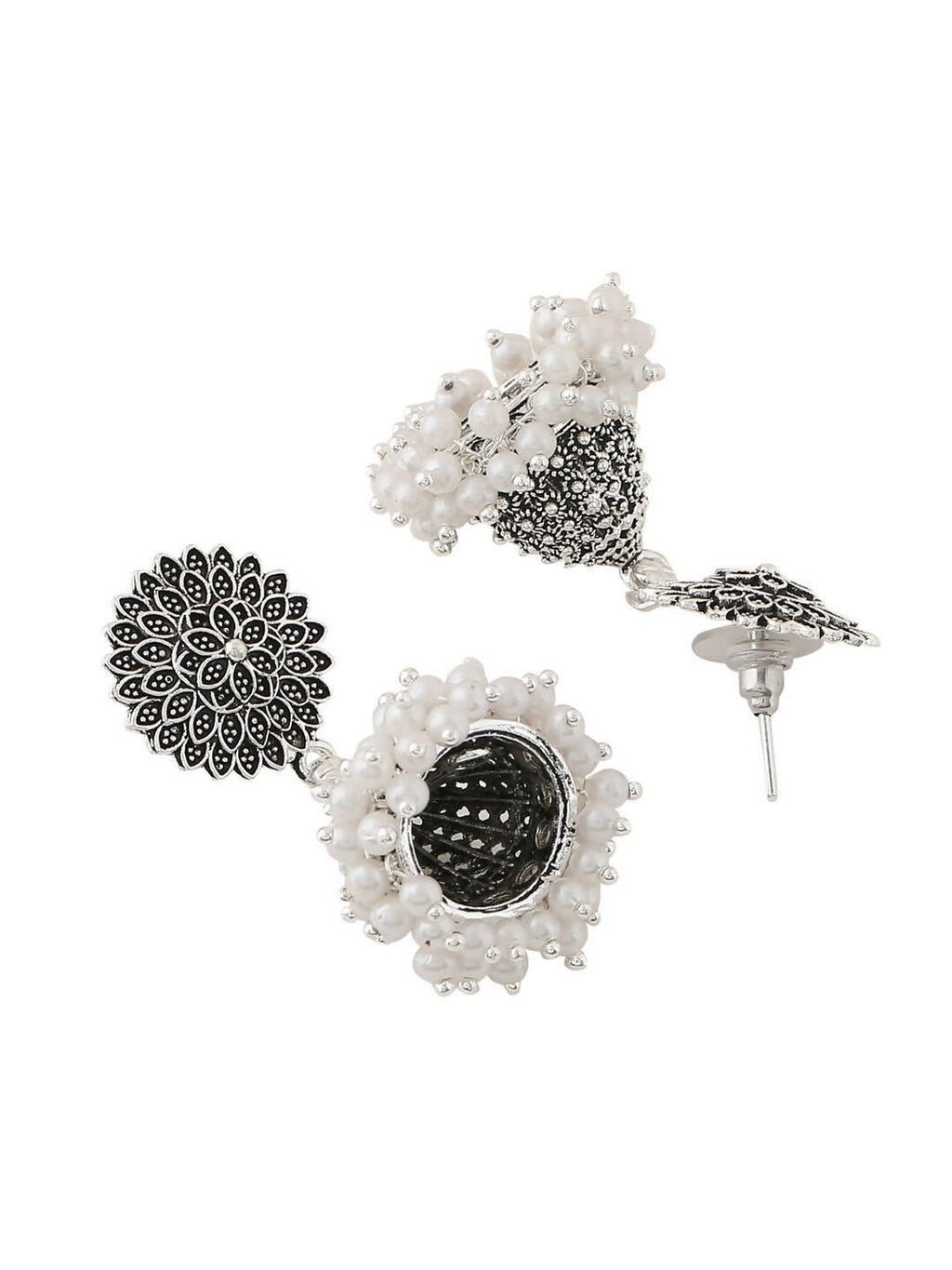 NVR Women Silver Toned Dome Shaped Jhumkas Earrings