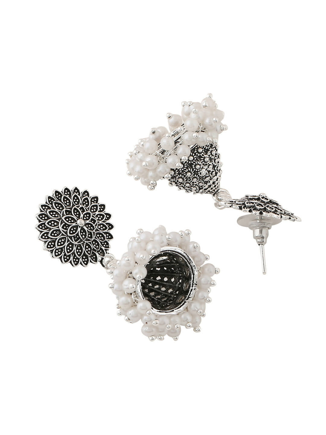 NVR Women Silver Toned Dome Shaped Jhumkas Earrings