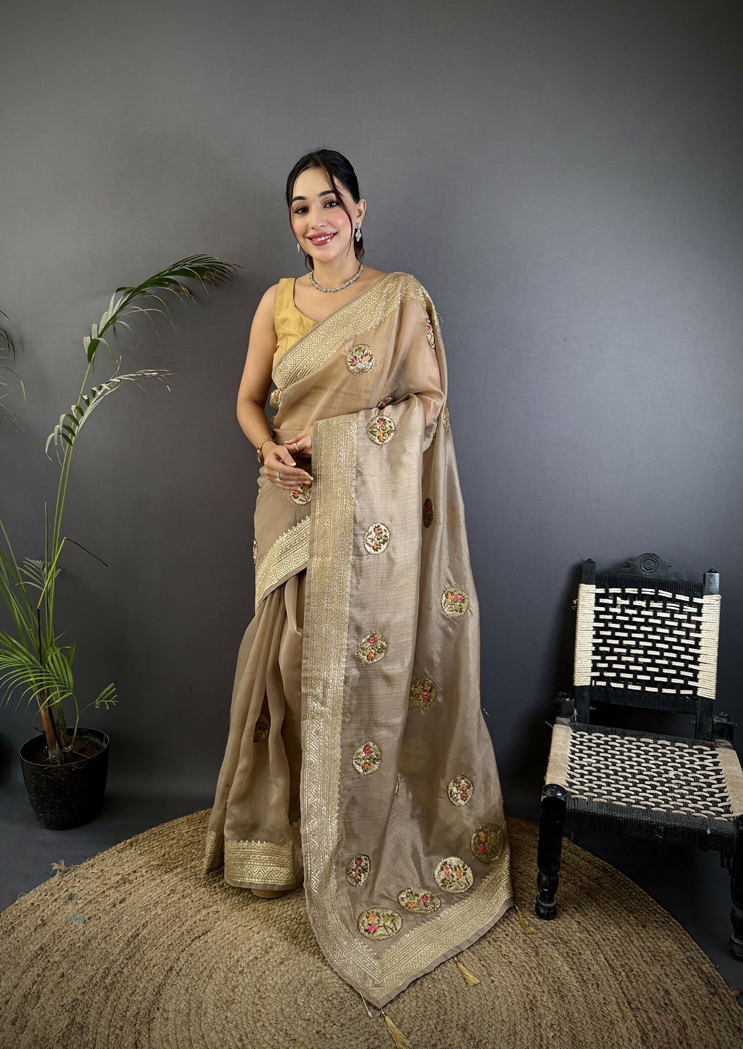 Joban Fashion Mud Brown Handloom Banarasi Organza Silk Khatali Butta Work Saree