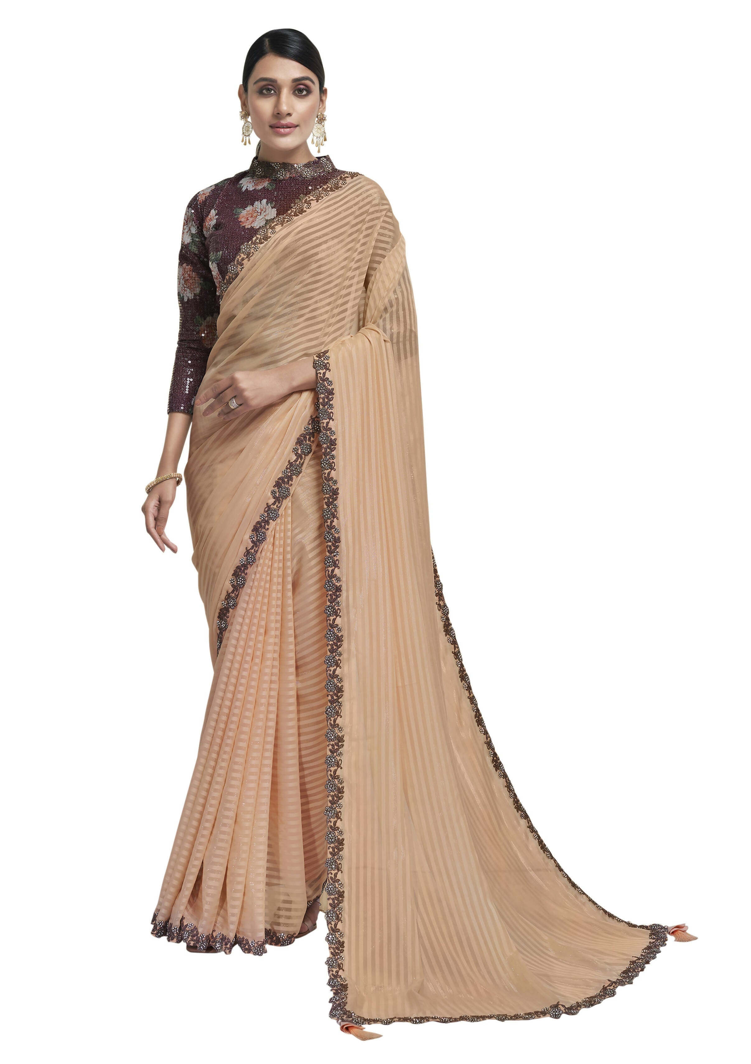 Peach Georgette Stone Work With Embroidery In Border Saree With Blouse Piece - Norita Avyaan