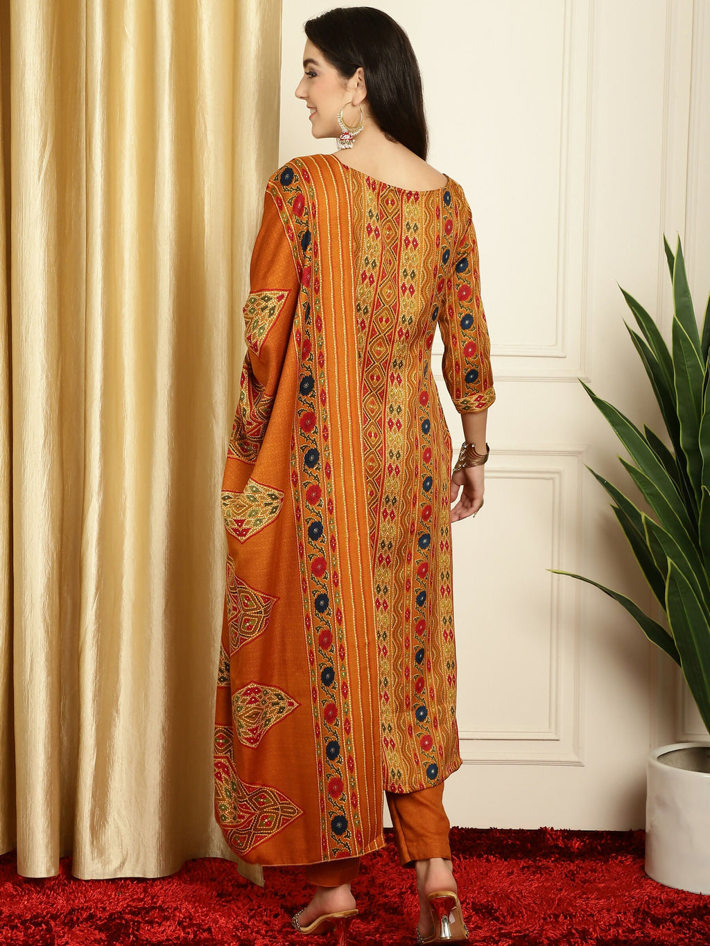 Jyoti Fashion Women's Mustard Pashmina Floral Digital Printed Kurta with Trouser & Dupatta