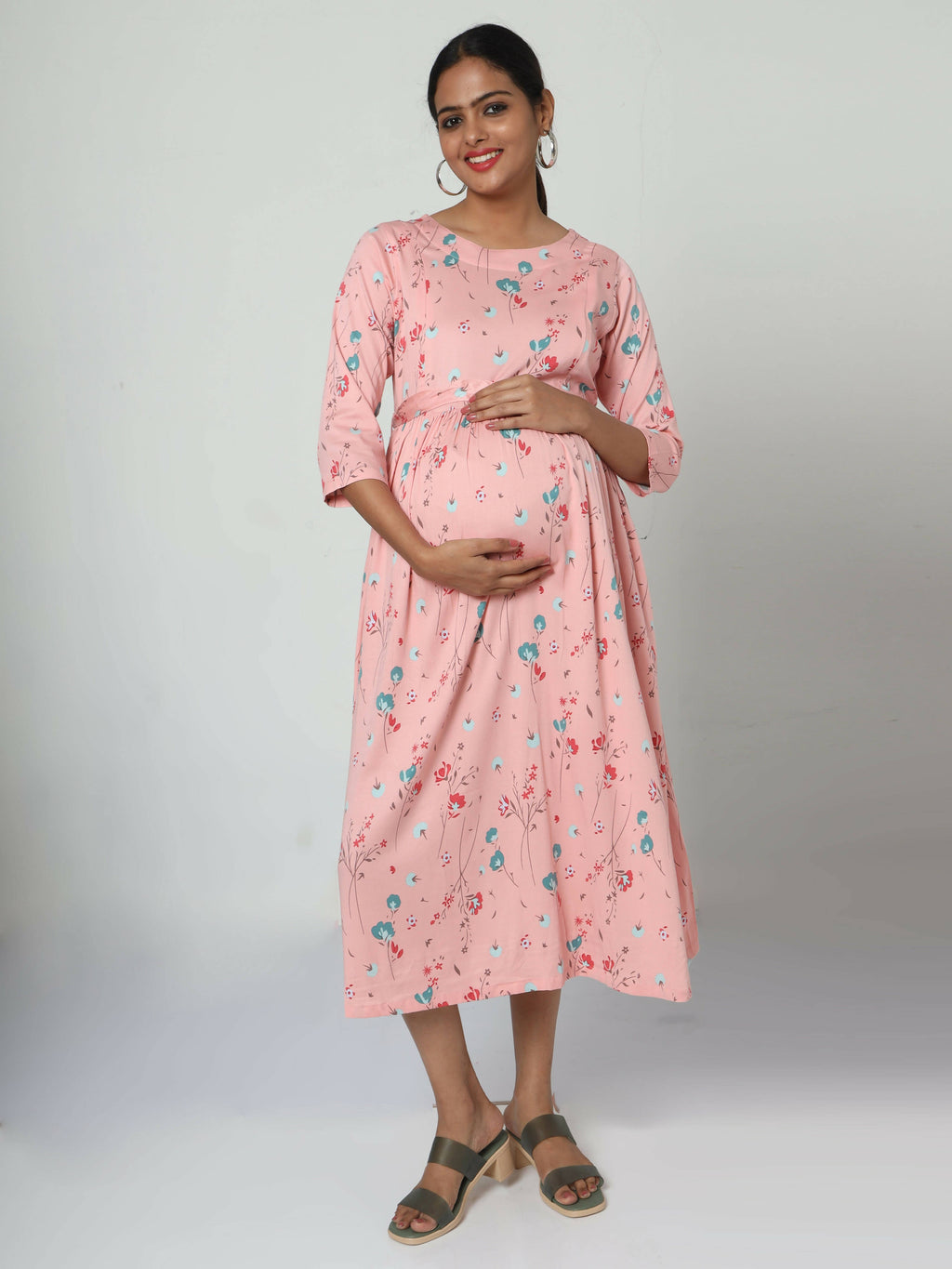 Manet Three Fourth Maternity Dress Floral Print With Concealed Zipper Nursing Access - Peach