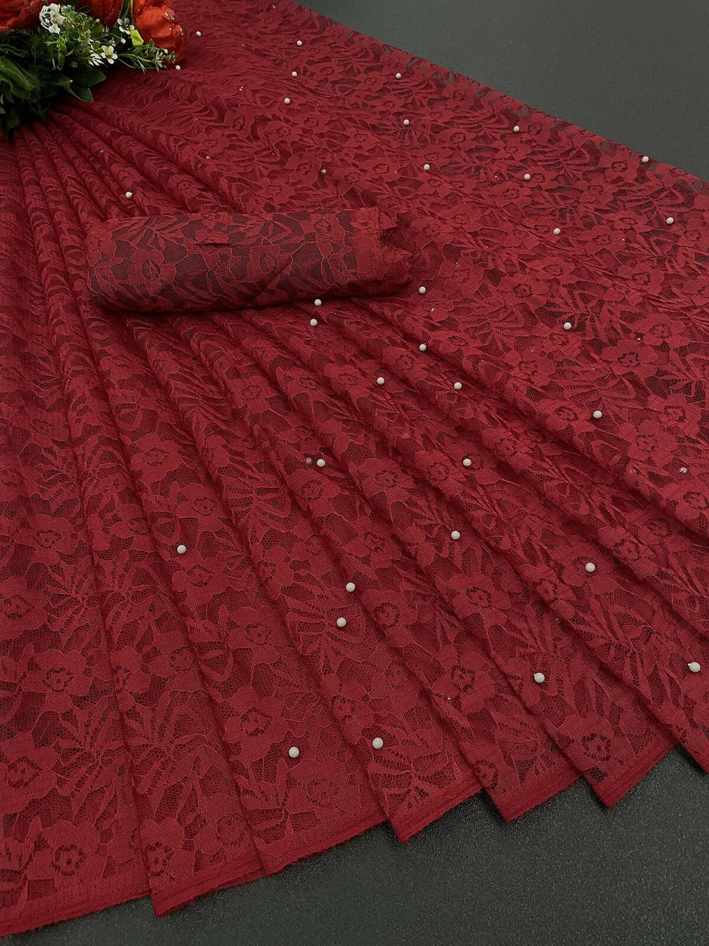 Vamika Maroon Pearls Net Saree