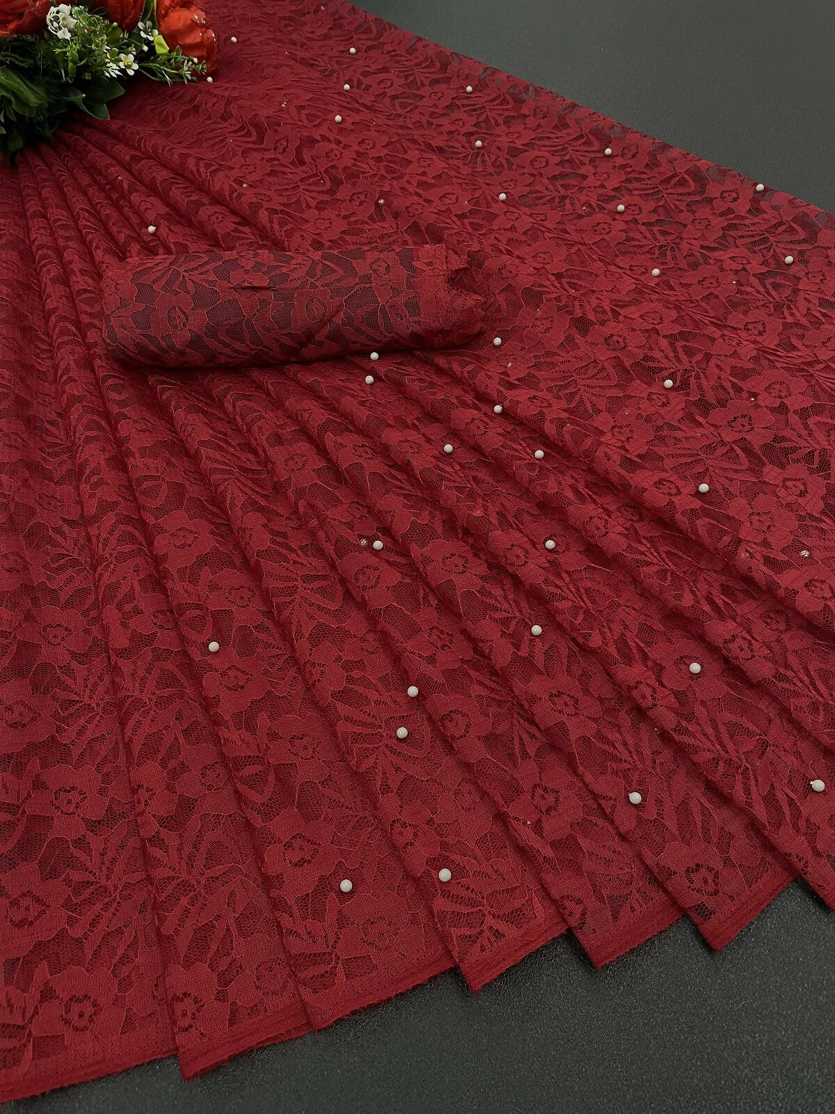 Vamika Maroon Pearls Net Saree