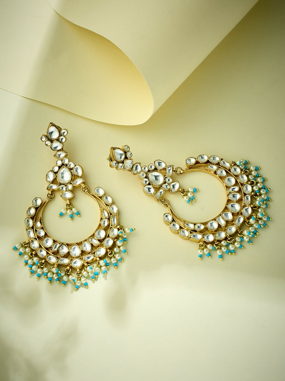 Nuyug 22K Gold-Plated Kundan Stone Studded & Pearl Beaded Chandbalis