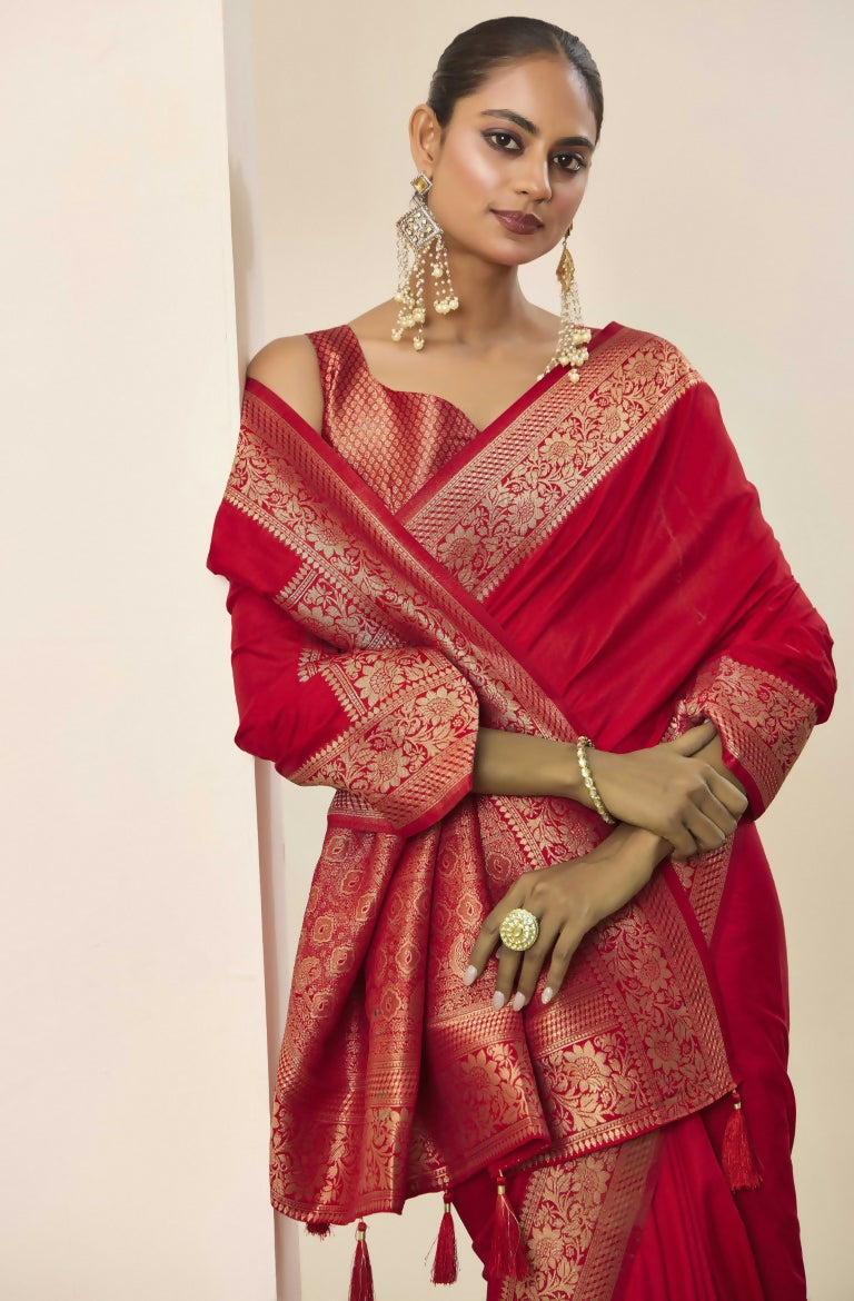 Red Dolla Silk Wevon Galla Designer Saree - Zeel