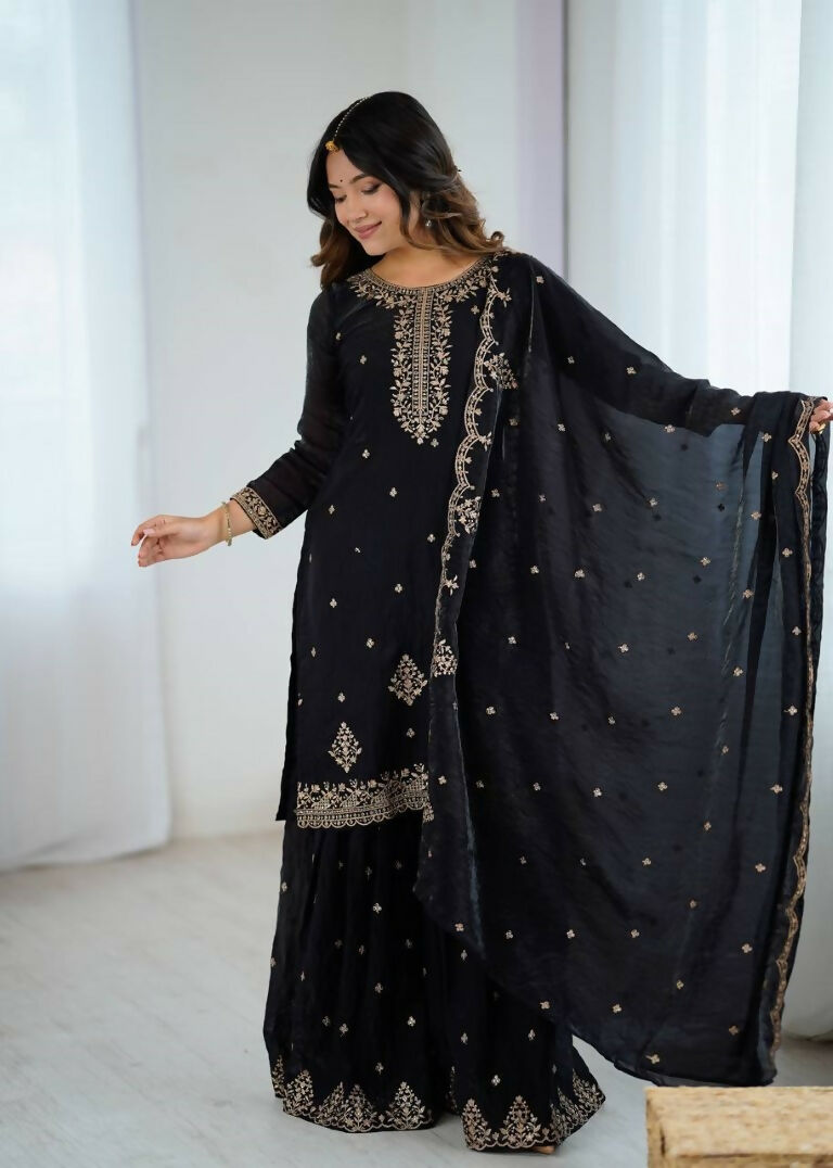 Teeya Creation Black Color Crunchy Silk Embroidery Work Wedding Wear Salwar Suit