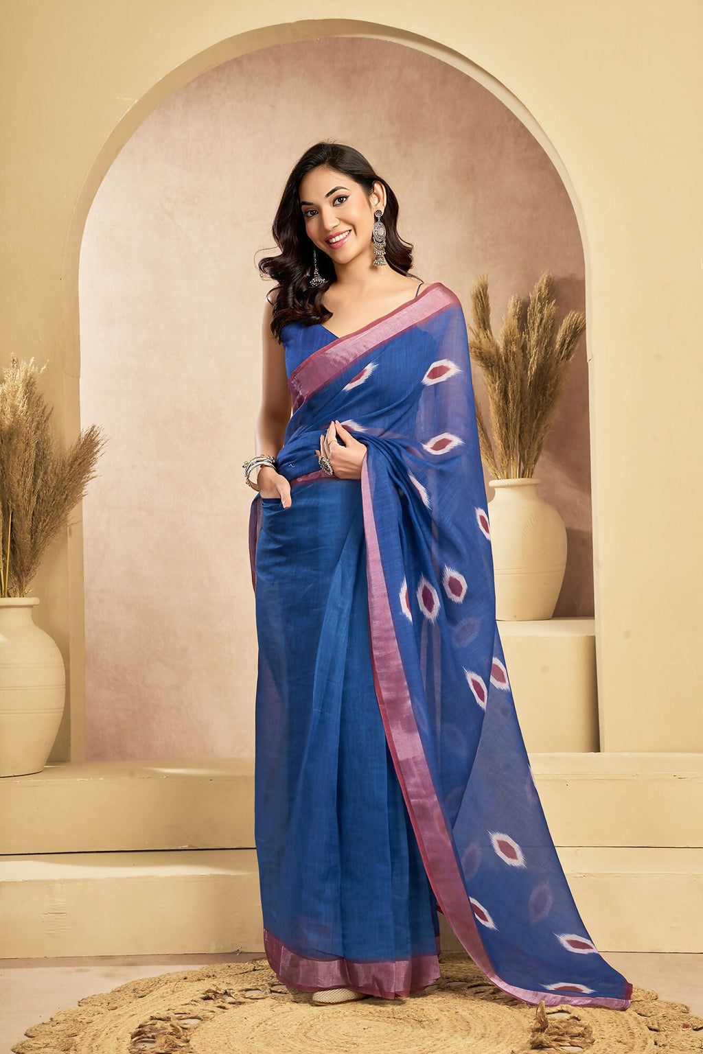Vastranavya Blue Digital Printed Linen Ready To Wear Pocket Saree with Unstitched Blouse