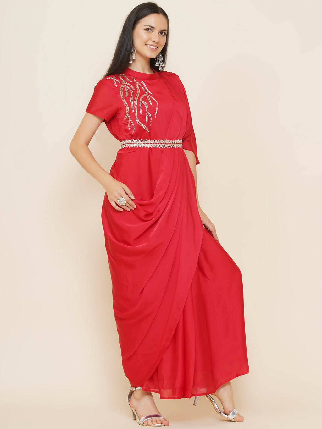Women Republic Red Hand Embelleshed Gown With Drape